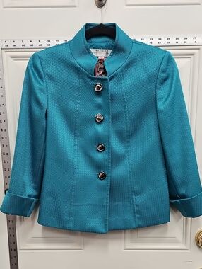 Tahari Teal Textured Stand-Collar Button Jacket